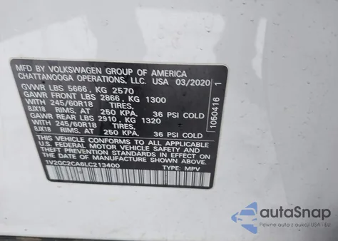 2020 Volkswagen Atlas Cross Sport 2.0T S из США, поврежденный, VIN 1V2GC2CA6LC213400